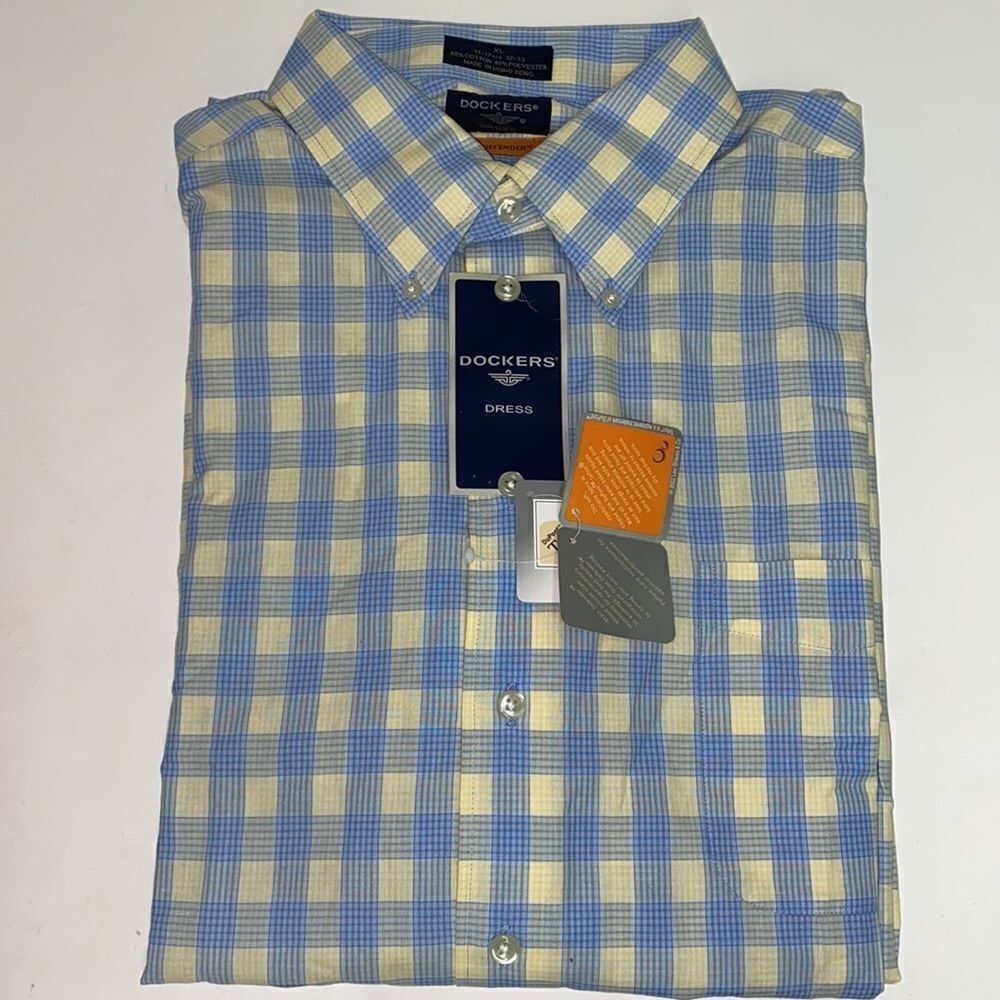 New w/tags DOCKERS L/S Dress‎ Shirt Black Plaid Stain Defender Teflon Size XL